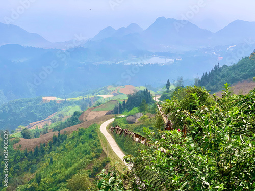 Mountain Road Beside Farmland in Ha Giang, Vietnam