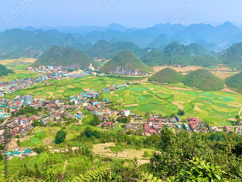Aerial View of a Village Among Karst Hills in Vietnam