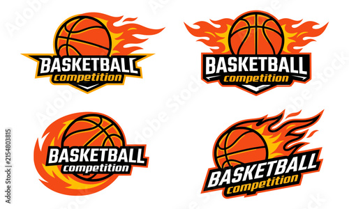 Basketball competition logo set with flaming fire ball emblems for sports team tournament and championship labels