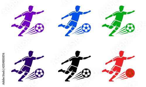 Soccer player kicking ball silhouette set in multiple vibrant colors for football tournament and sports design