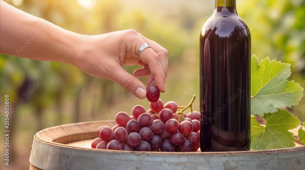 Obraz premium Hand picking red grape from bunch on wooden barrel next to wine bottle. Viticulture and winemaking concept in sunny vineyard.