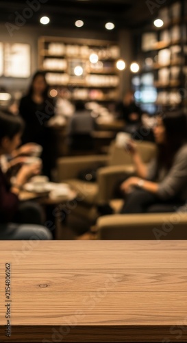 Cozy cafe interior with blurred people and wooden table.