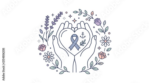 International Overdose Awareness Day Pastel Line Art with Heart, Supportive Hands and Copy Space