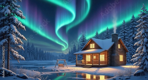 Cozy Cabin Under Northern Lights in Winter Forest.