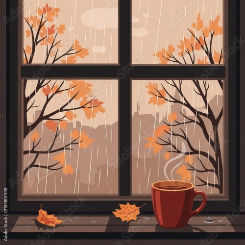Cozy autumn window scene with hot coffee and falling leaves.