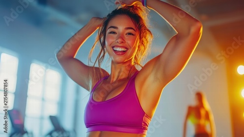Happy woman tying her hair up at the gym.