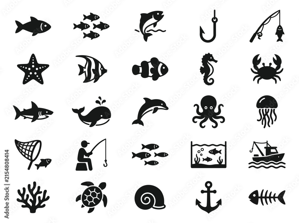 Obraz premium Ocean Life Icons: Fish, Dolphin, Shark, Seahorse, Crab, Starfish, Jellyfish, Octopus