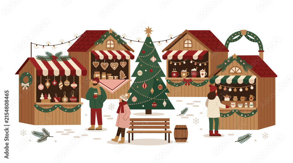 Fototapeta premium Festive outdoor Christmas market stalls and decorated tree