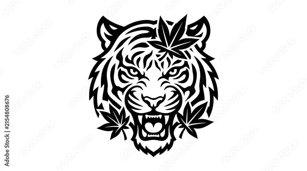 Obraz premium Fierce roaring tiger head with leaf crown.