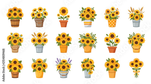 Vibrant yellow sunflowers in various decorative garden pots.