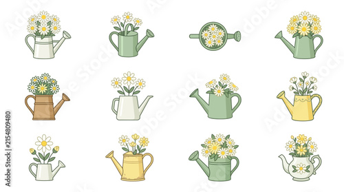 Watering cans with daisies illustration icons set on white