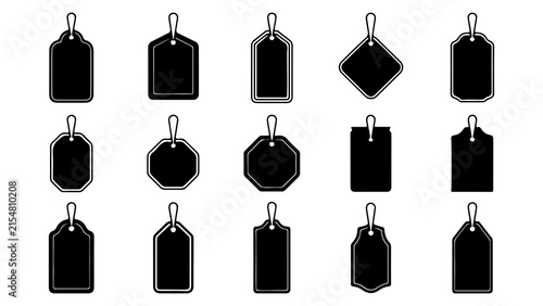 A comprehensive collection of fifteen unique black silhouette price tags with various geometric shapes and hanger loops for retail marketing design