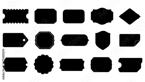 A comprehensive collection of fifteen various blank label shapes and badge silhouettes isolated on a plain background for creative design projects