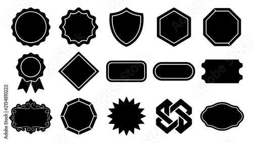 A comprehensive collection of fifteen various geometric black blank badges labels stickers and frames for professional graphic design and decorative purposes