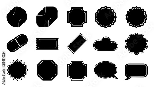 A comprehensive collection of fifteen various geometric black blank sticker badges labels and speech bubbles isolated on a plain background for graphic design