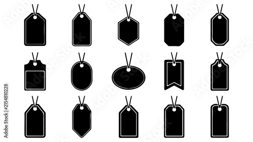 A comprehensive collection of fifteen various shaped retail price tags with hanging strings isolated on a clean white background for commercial use