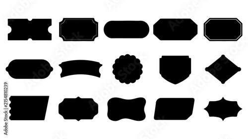 A comprehensive collection of various black vintage badge label and frame silhouettes isolated on a plain white background for design projects