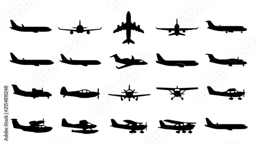 A comprehensive collection of twenty various airplane silhouettes in different flying positions for aviation design projects and aerospace technical illustration concepts