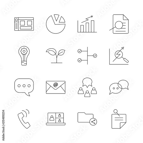 A set of 16 minimalist thin line icons covering data analytics, growth charts, team communication, video conference, and document sharing for productivity apps.