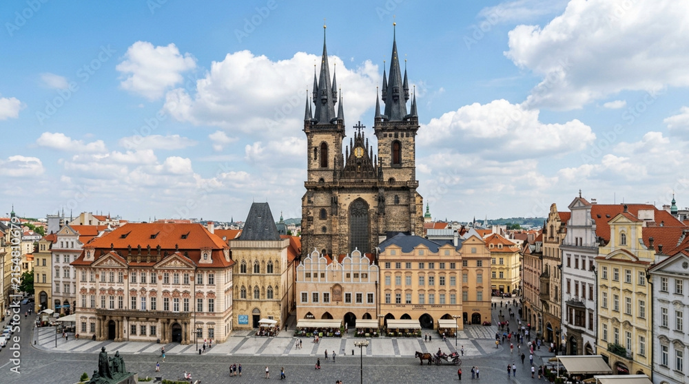 Fototapeta premium Prague Old Town Square panorama, Tyn Church spires, historic buildings, sunny day