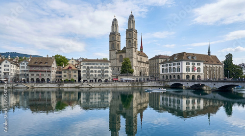 Zurich Old Town with Grossmünster Church and Limmat River Reflection