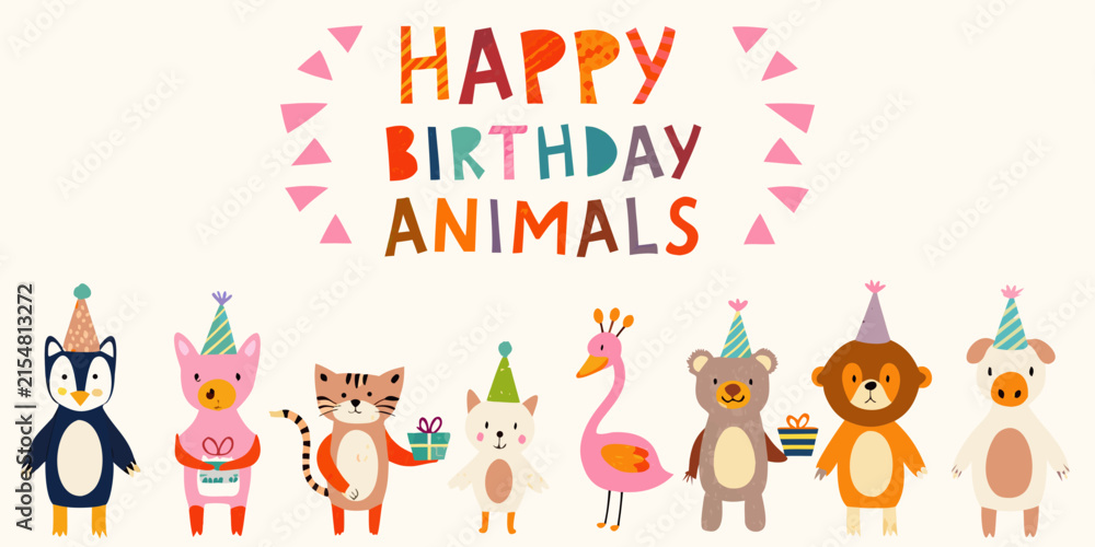 Naklejka premium A lineup of birthday animals wearing party hats vector illustration