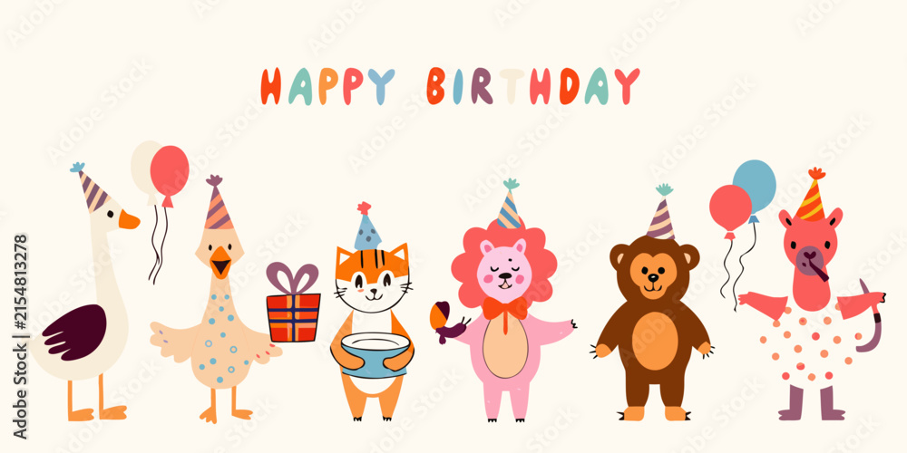 Fototapeta premium A lineup of party animals with hats and balloons vector illustration