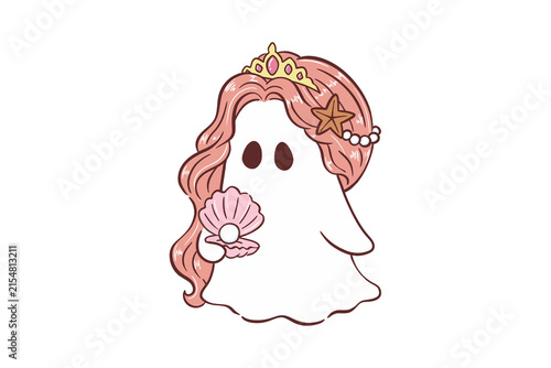 Foto Lovely Pearl Mermaid Ghost Princess with Pink Flowing Hair and Crown for Sublim