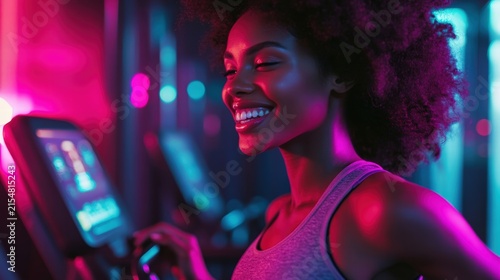 Woman smiling during a gym workout.