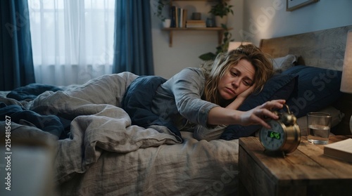 Tired woman waking up in bed and turning off alarm clock in the morning bedroom interior