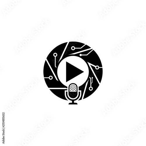 Digital media podcast logo with microphone and play button inside a camera shutter icon