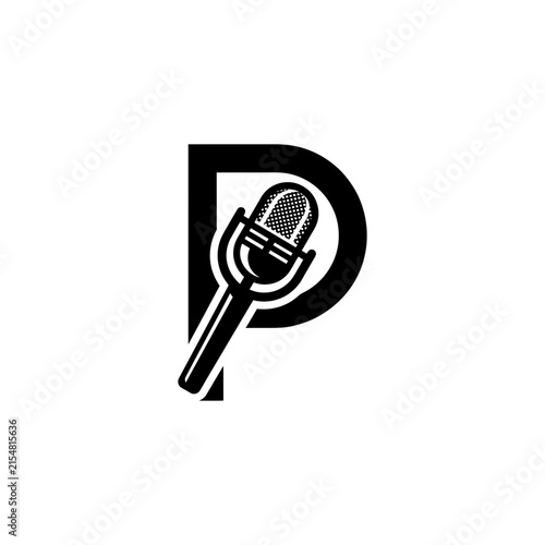 Letter P podcast logo design with a retro microphone icon for audio branding.