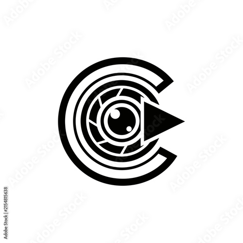Creative Letter C logo design featuring a camera lens aperture and play button symbol.