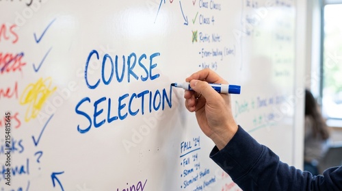 Course selection text on whiteboard, student hand writing academic planning notes, university enrollment and curriculum schedule concept