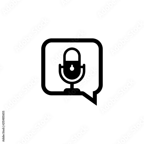 Minimalist black podcast microphone icon inside a speech bubble for digital media design.