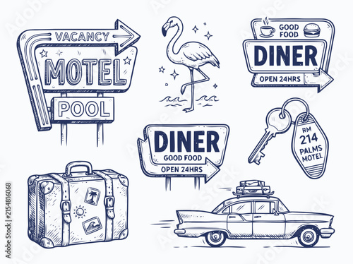 Set of hand drawn vintage motel and diner signs travel icons illustration Vector