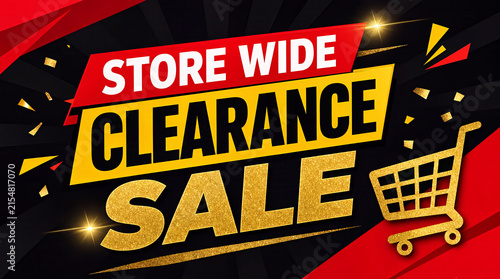 Vibrant ad graphic for store-wide clearance sale with bold red yellow gold text, gold cart, and confetti on black background