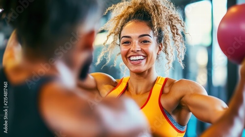 Happy woman exercising with a medicine ball.