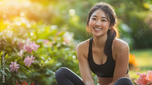 Happy woman enjoying a sunny outdoor workout.