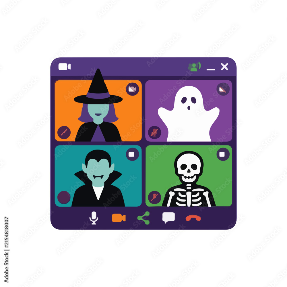 Fototapeta premium Halloween characters having a video conference call together on screen, festive virtual holiday celebration concept