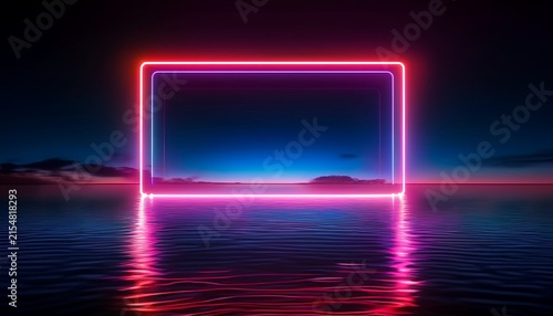 a rectangular neon light frame glows intensely on a dark reflective surface likely water