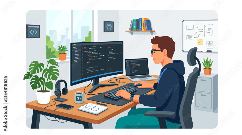 Fototapeta premium Male developer programming at desk in bright office