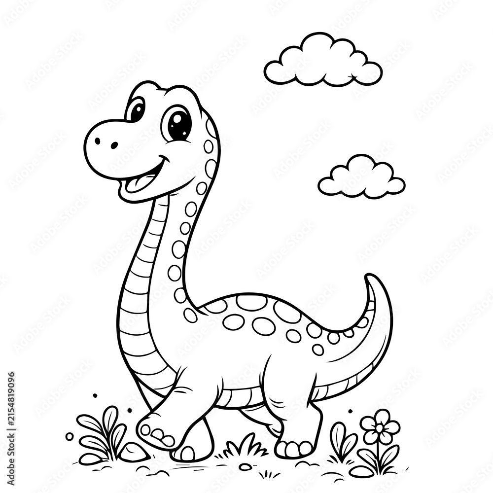 Fototapeta premium Cute Long Neck Dinosaur with Clouds and Plants Coloring Page Line Art