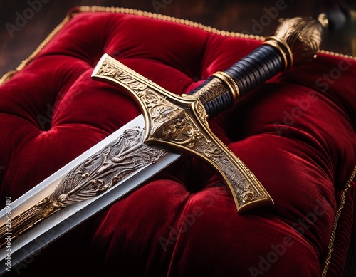 a richly decorated antique sword rests on a deep red velvet cushion