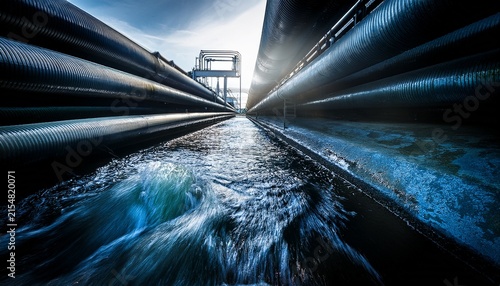 industrial water flow inside deep dark pipeline