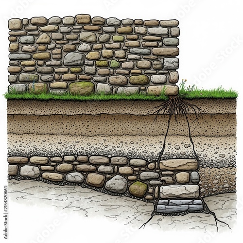 Cross section of stone wall with deep tree roots underground.