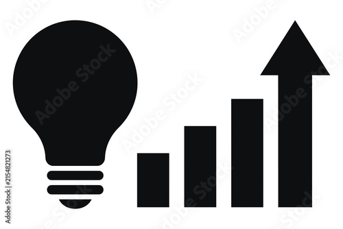 Minimalist black icon of a light bulb next to a rising bar chart representing business growth ideas