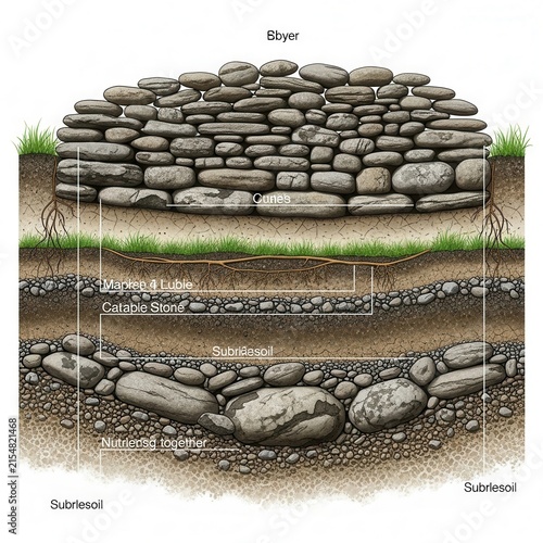 Cross section of a stone riverbed with soil layers.