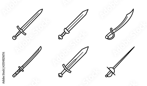 Фотография Historical sword line art icon set with medieval katana saber and rapier vectors