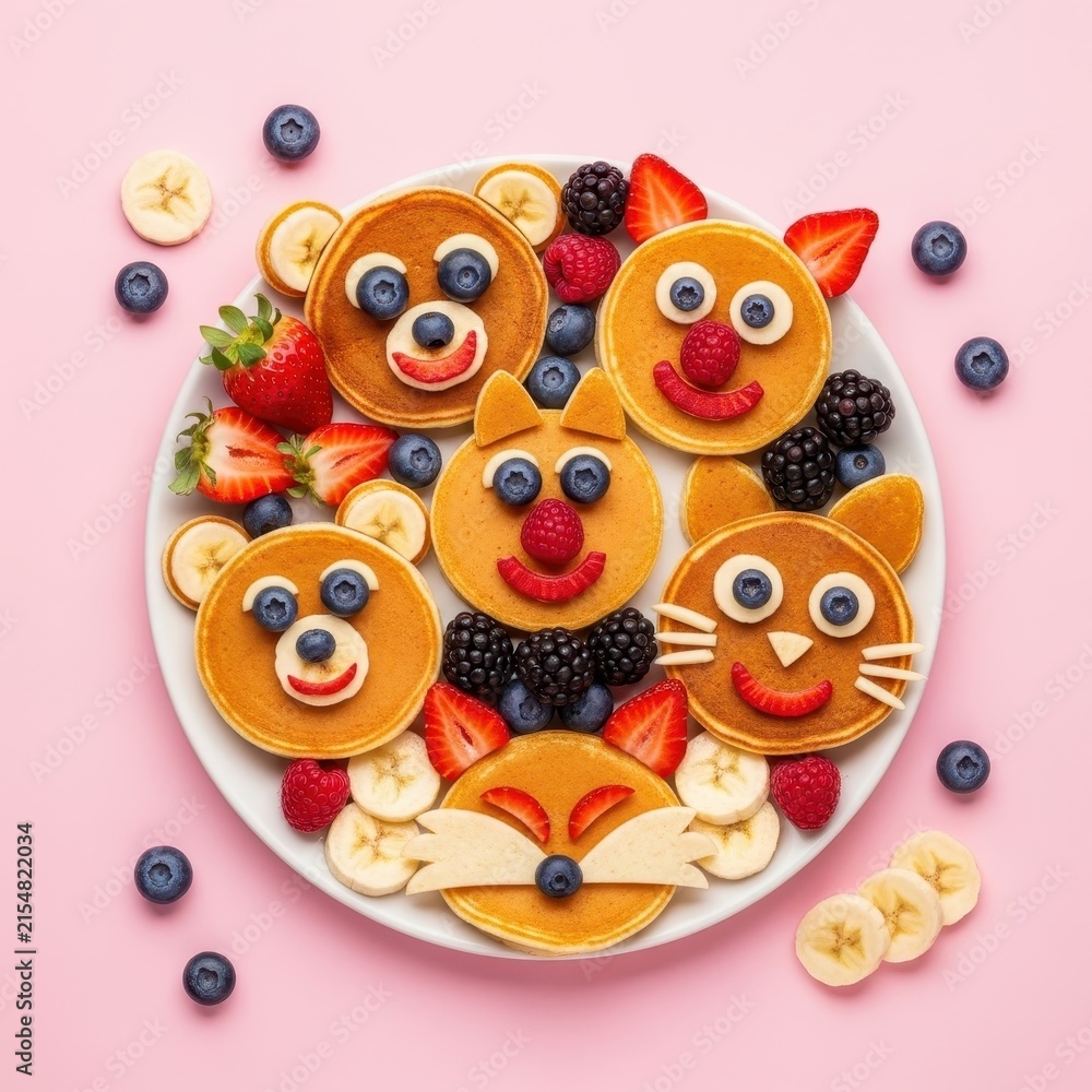 Fototapeta premium Creative Animal Shaped Pancakes with Fresh Fruits.
